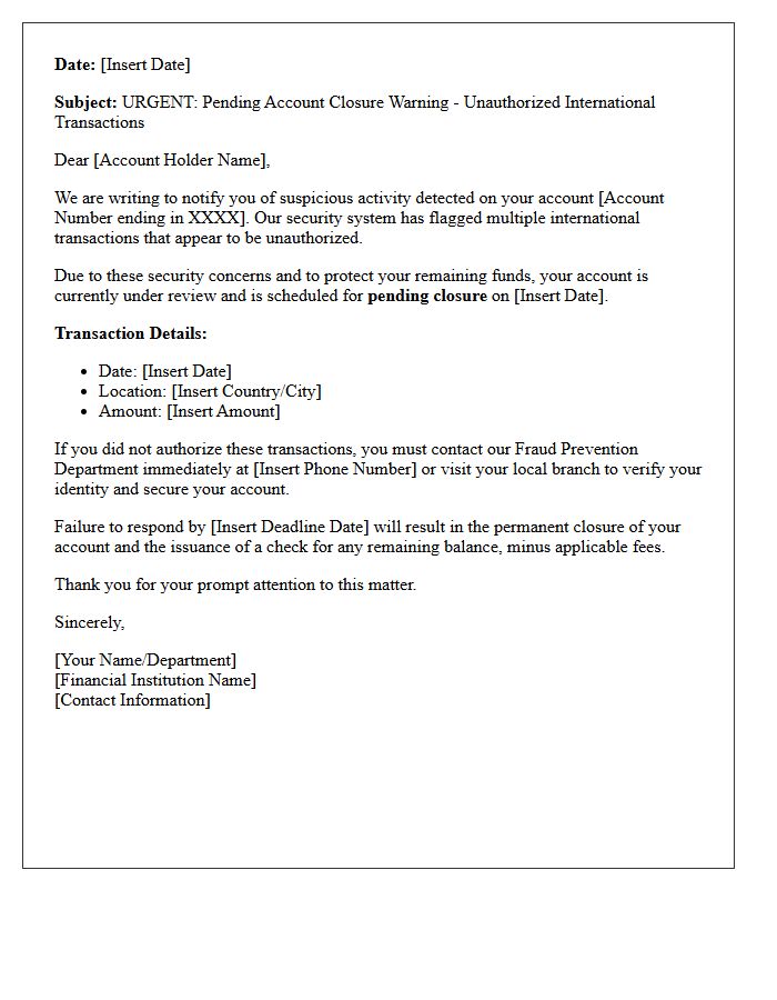 Pending Account Closure Warning Letter For Unauthorized International Transactions