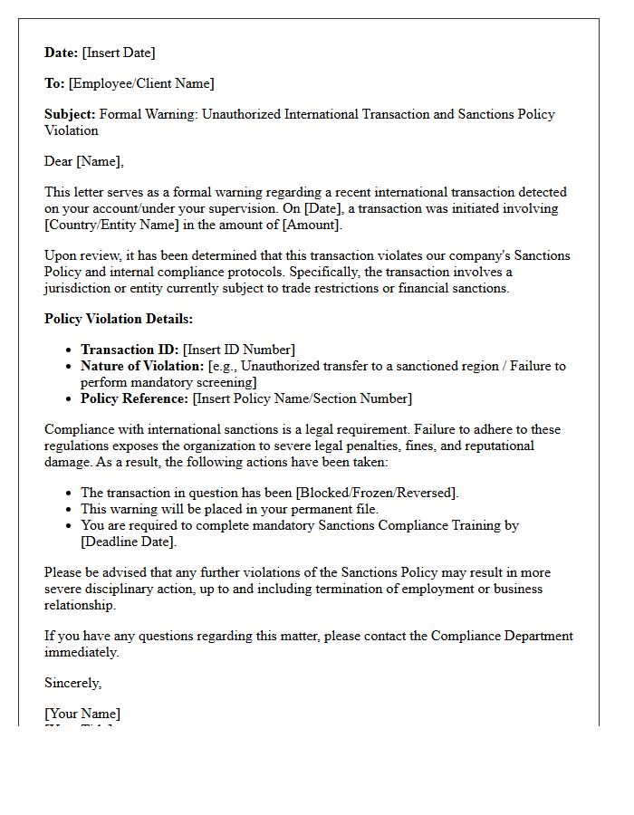 Sanctions Policy Warning Letter For Unauthorized International Transactions
