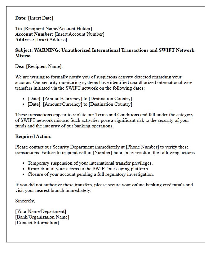 SWIFT Network Misuse Warning Letter For Unauthorized International Transactions