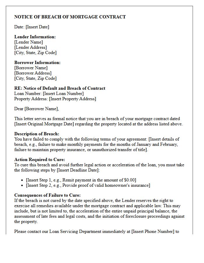 Breach of Mortgage Contract Notice Letter