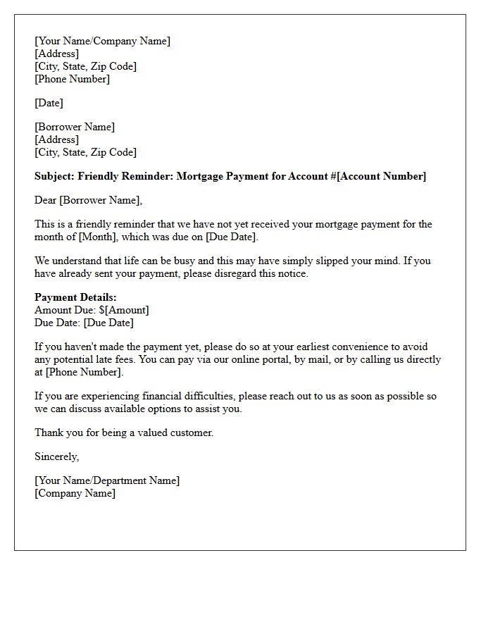 Friendly Reminder for Missed Mortgage Payment Letter