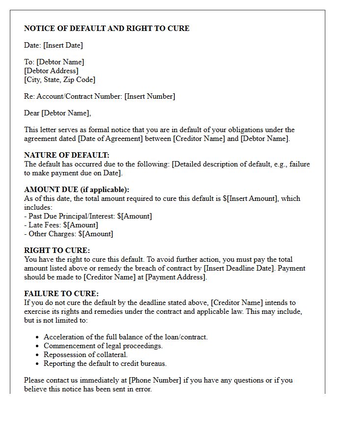 Notice of Default and Right to Cure Letter