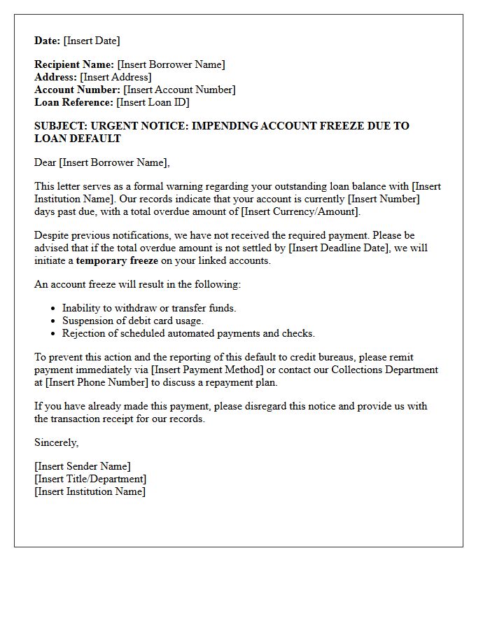 Account Freeze Warning Letter for Impending Loan Default