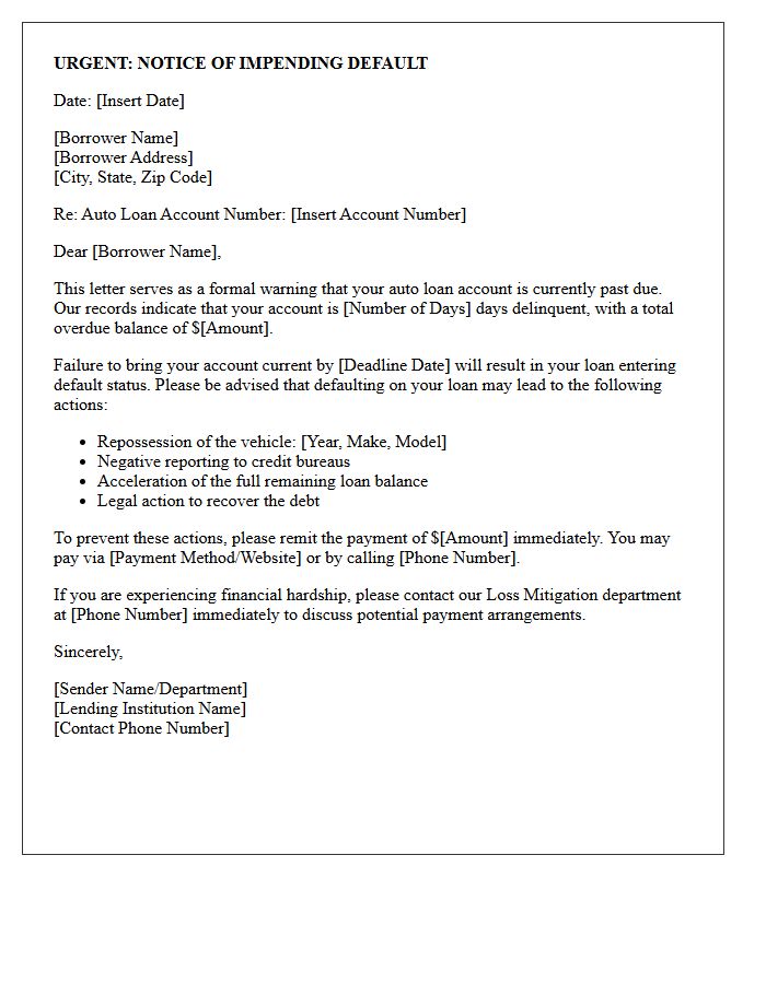 Auto Loan Impending Default Warning Letter