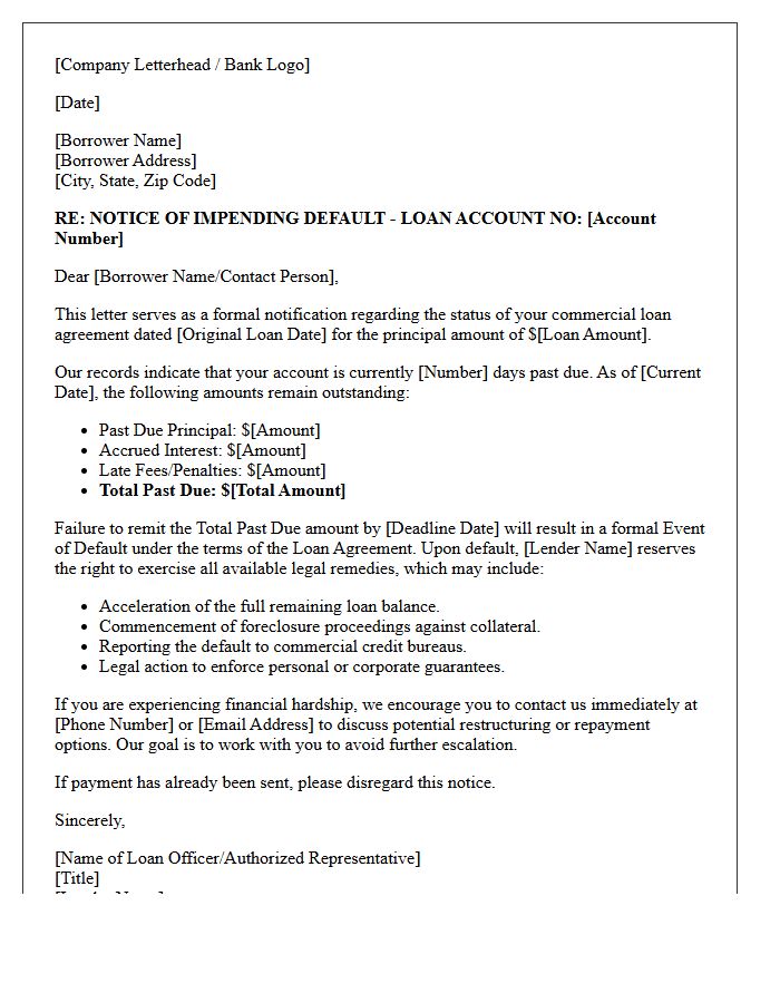Commercial Loan Impending Default Warning Letter