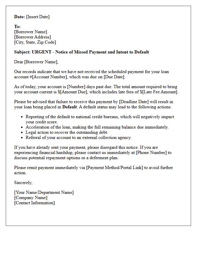 Missed Payment Warning Letter Before Loan Default