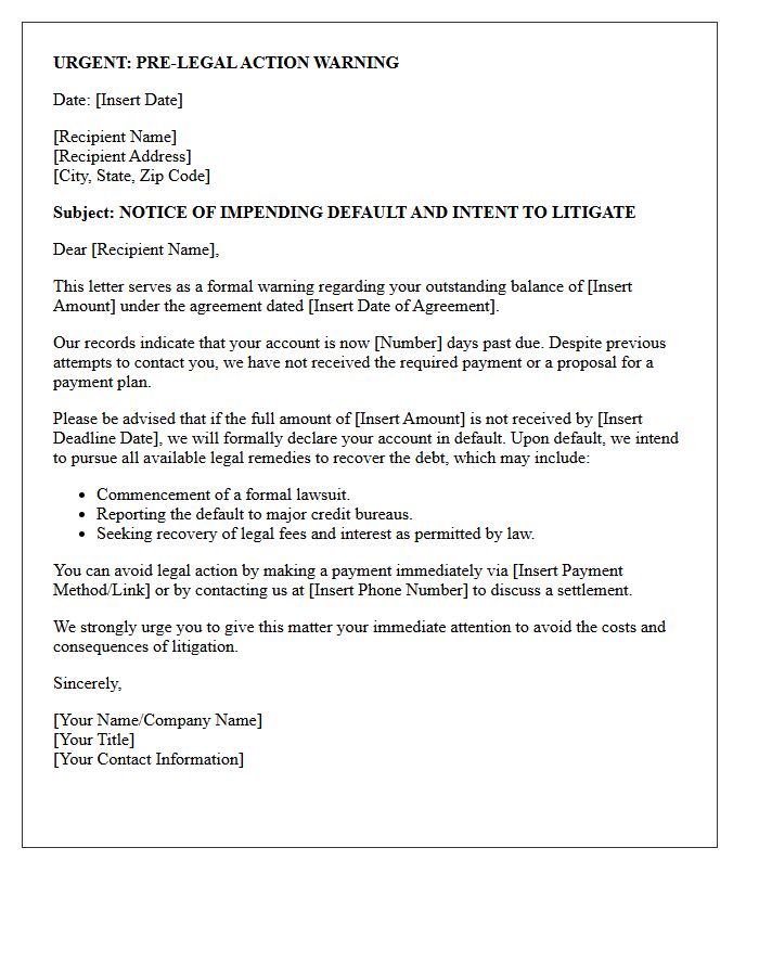 Pre-Legal Action Warning Letter for Impending Default