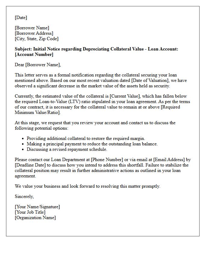 Initial Warning Letter for Depreciating Collateral Value