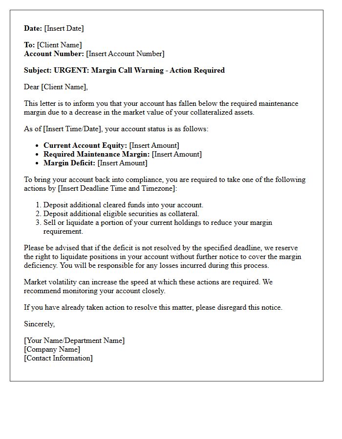 Margin Call Warning Letter for Depreciating Asset Value