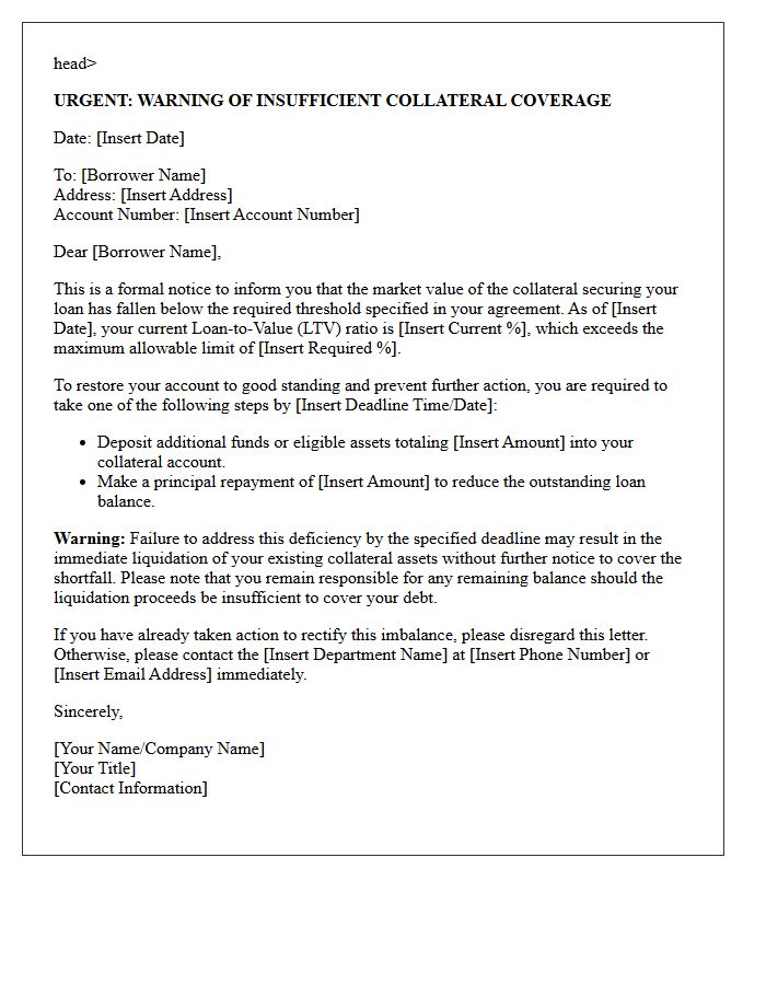 Urgent Warning Letter for Insufficient Collateral Coverage