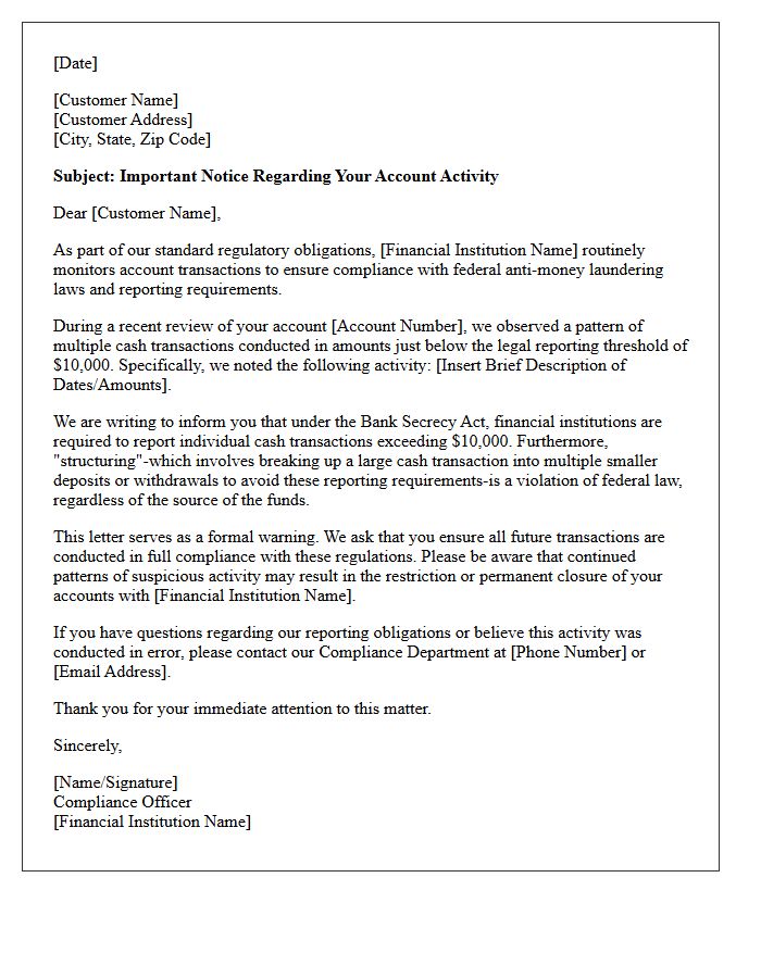 Compliance Warning Letter for Suspected Transaction Structuring