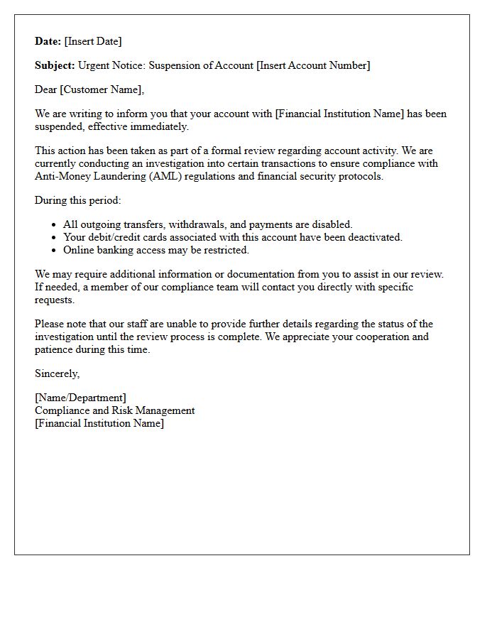 Letter of Account Suspension Pending Money Laundering Investigation