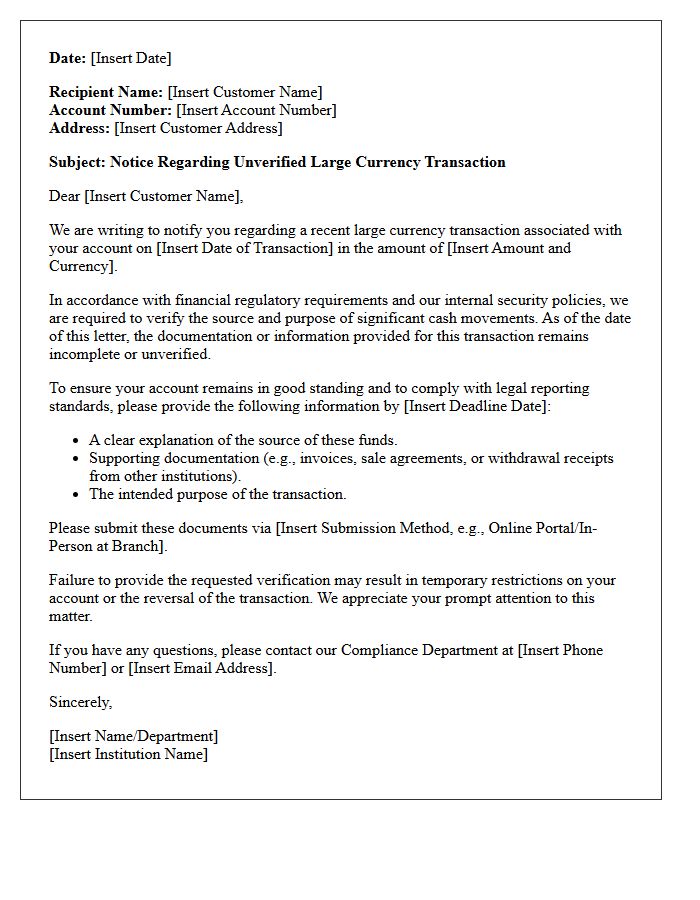 Notice Letter for Unverified Large Currency Transactions