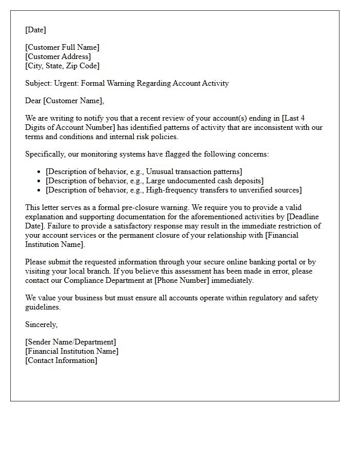 Pre-Closure Warning Letter for High-Risk Financial Behavior