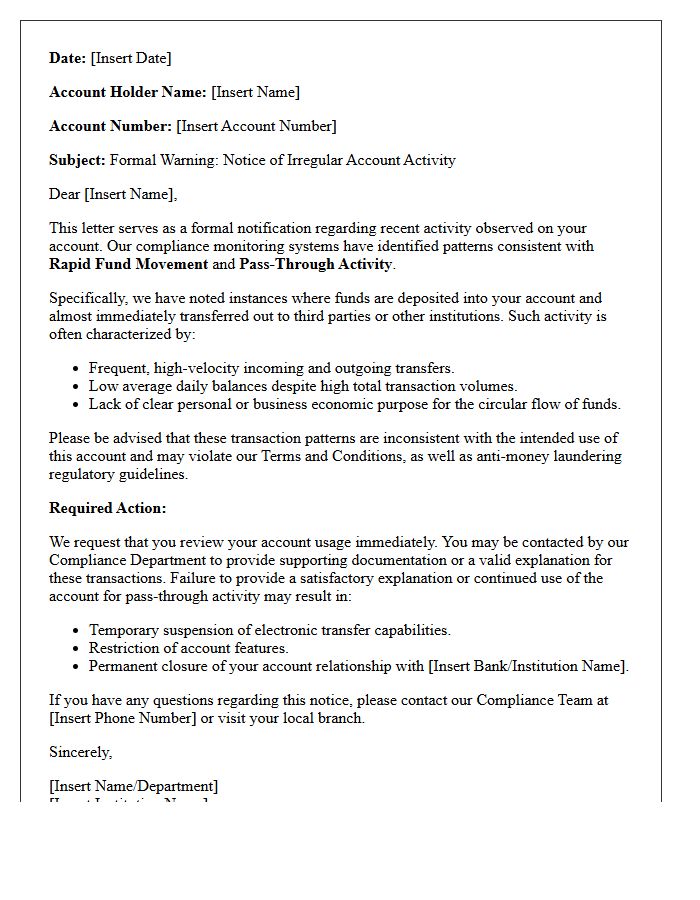 Warning Letter for Rapid Fund Movement and Pass-Through Activity
