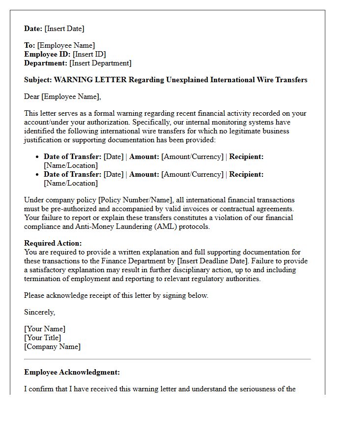 Warning Letter for Unexplained International Wire Transfers
