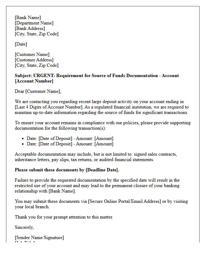 Account Closure Warning Letter for Undocumented Large Deposits