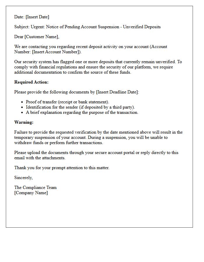 Account Suspension Warning Letter for Unverified Deposits