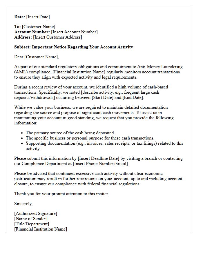 Anti-Money Laundering Compliance Warning Letter for Excessive Cash Activity