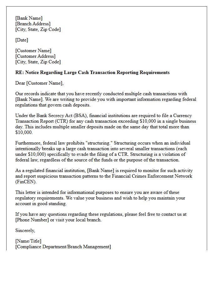 Bank Secrecy Act Compliance Warning Letter for Cash Deposits