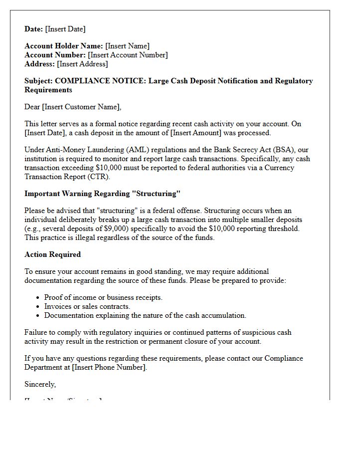 Compliance Notice and Warning Letter for Large Cash Deposits