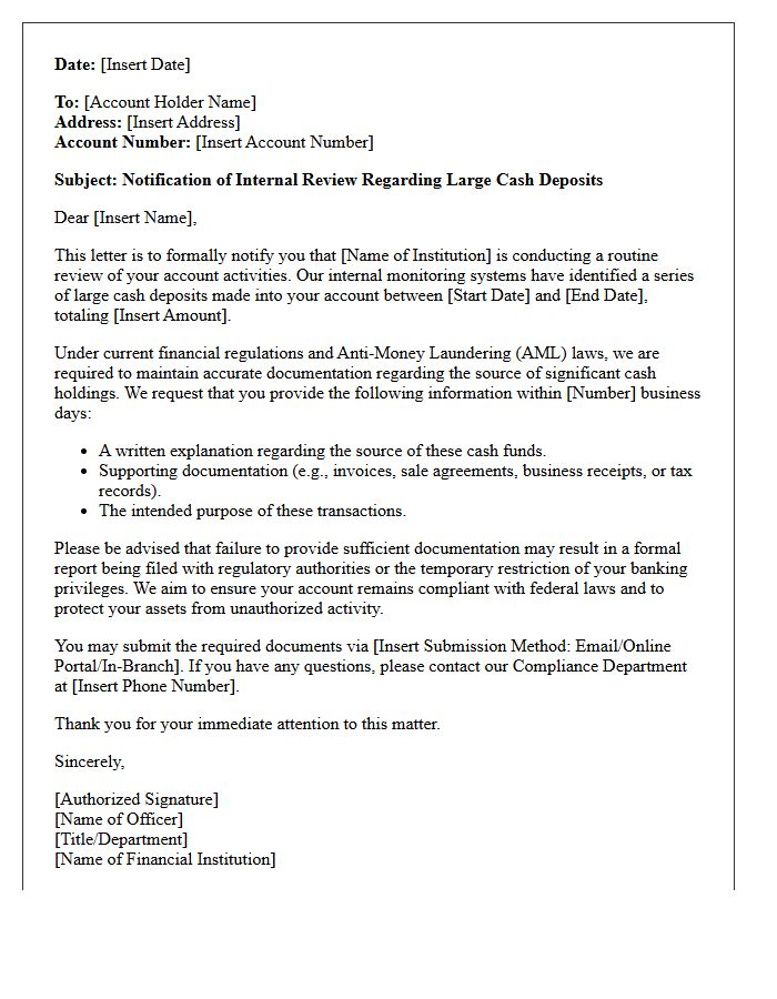 Financial Investigation Warning Letter for Large Cash Deposits