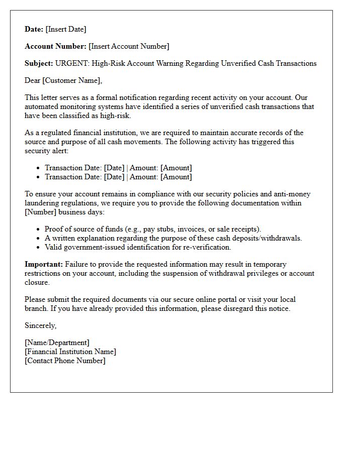 High-Risk Account Warning Letter for Unverified Cash Transactions
