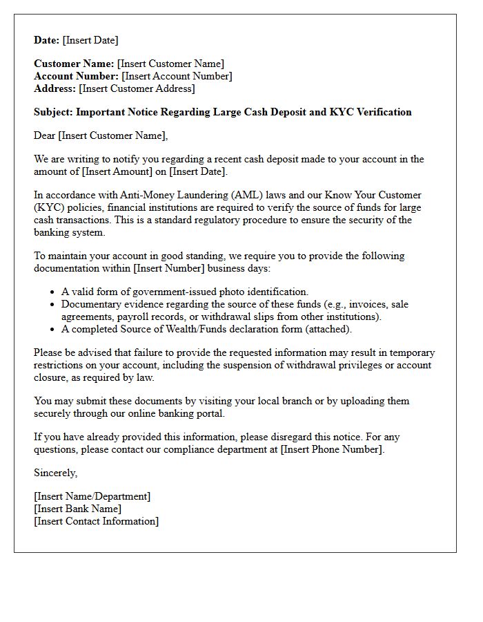 Know Your Customer Verification Warning Letter for Large Cash Deposits