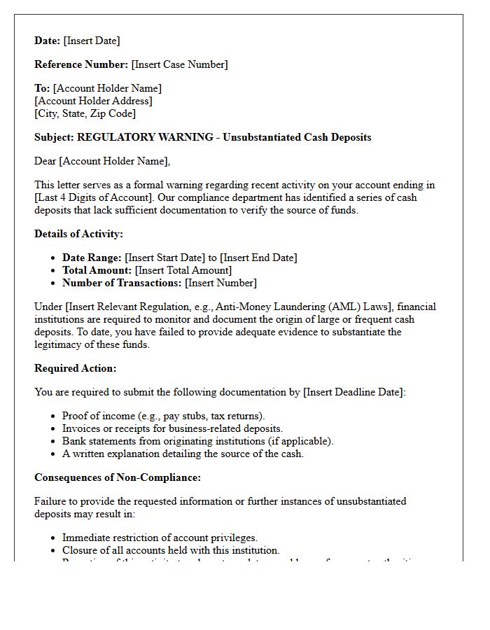 Regulatory Warning Letter for Unsubstantiated Cash Deposits
