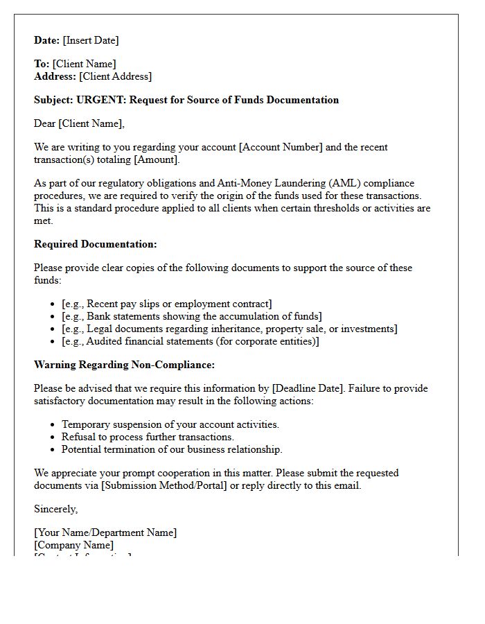 Source of Funds Request and Warning Letter