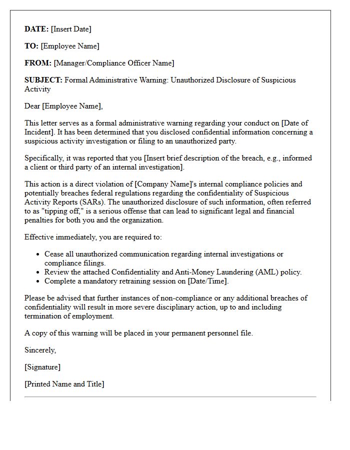 Administrative Warning Letter Regarding Unauthorized Disclosure of Suspicious Activity