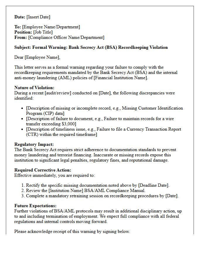 Compliance Warning Letter for Bank Secrecy Act Recordkeeping Violations