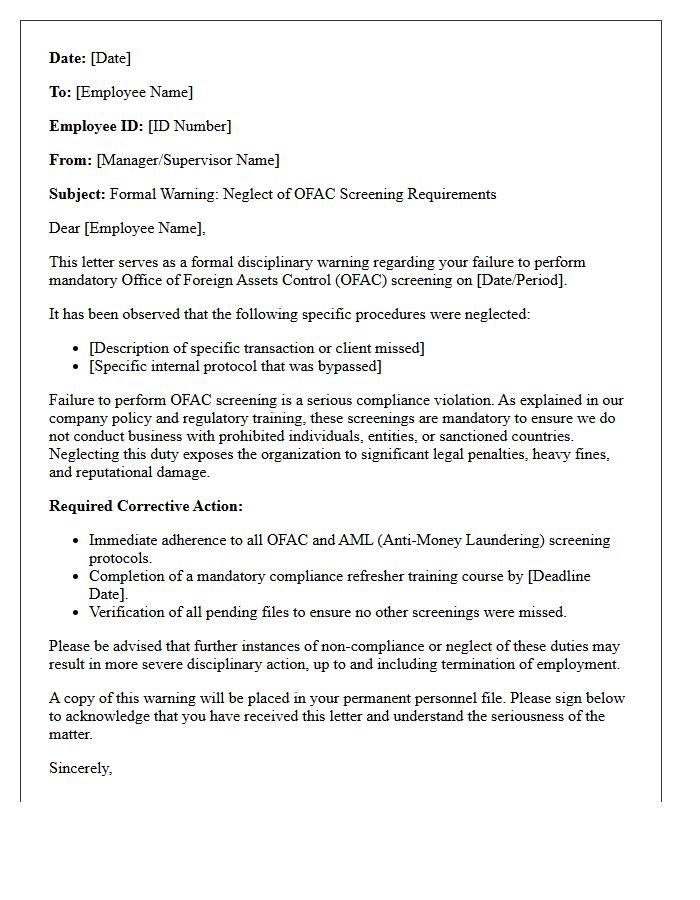 Disciplinary Warning Letter for Neglecting Office of Foreign Assets Control Screening