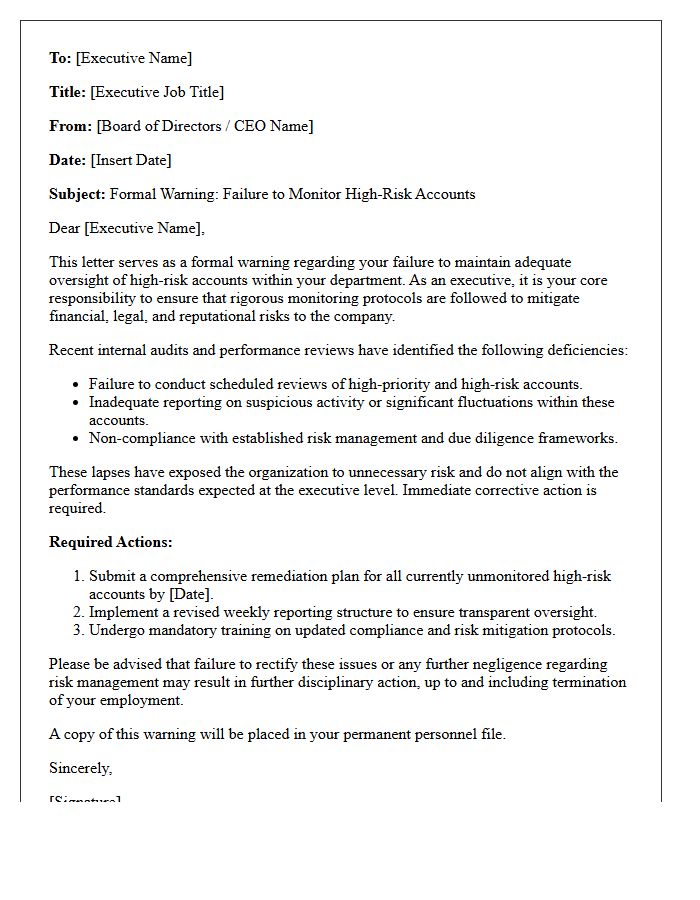Executive Warning Letter for Failure to Monitor High-Risk Accounts
