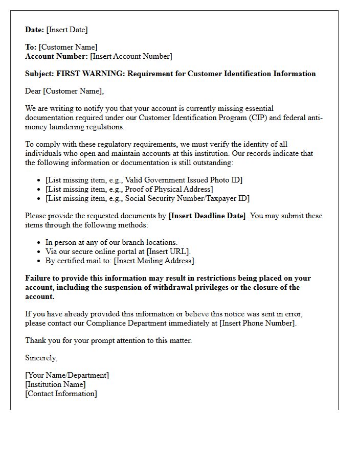 First Warning Letter Regarding Customer Identification Program Deficiencies