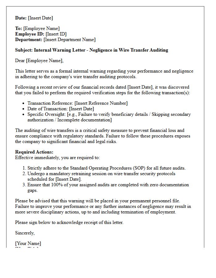 Internal Warning Letter for Negligence in Wire Transfer Auditing