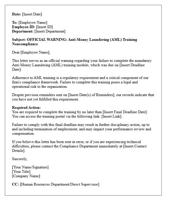 Official Warning Letter Concerning Anti-Money Laundering Training Noncompliance