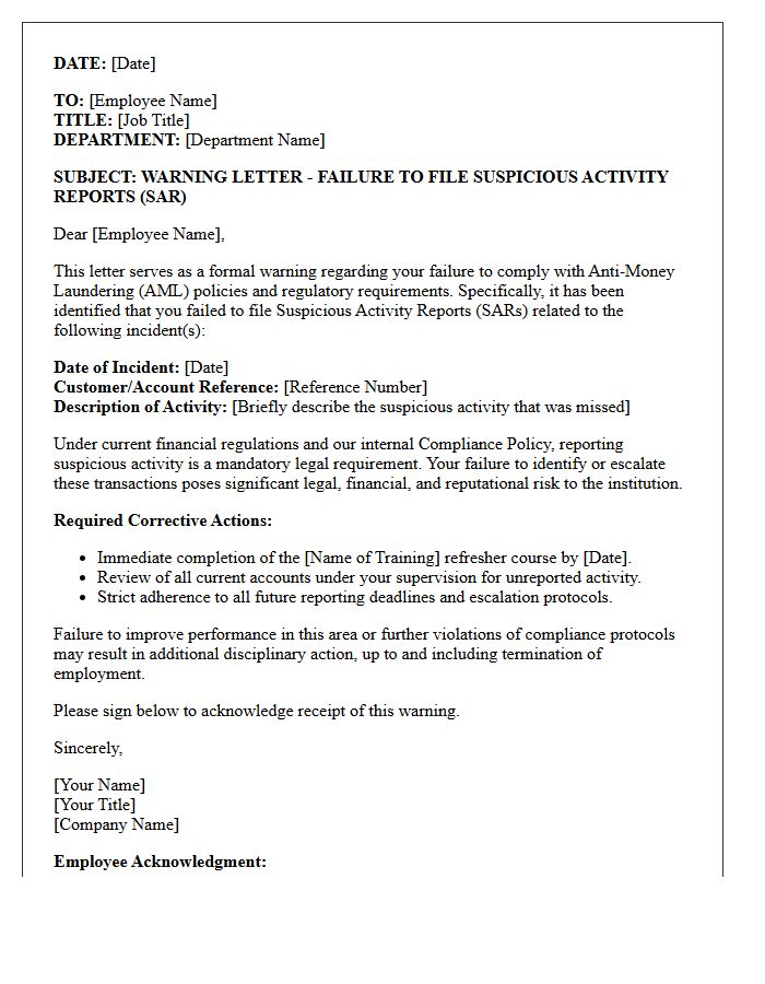 Warning Letter for Failure to File Suspicious Activity Reports