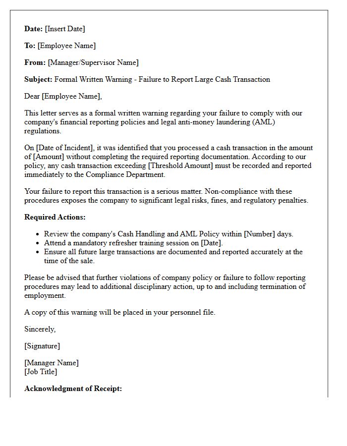 Written Warning Letter for Unreported Large Cash Transactions