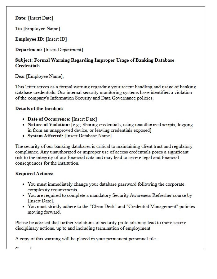 Compliance Warning Letter for Improper Usage of Banking Database Credentials