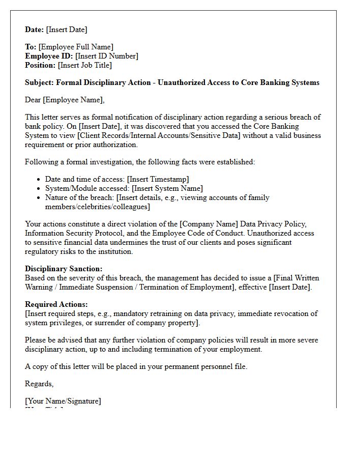 Disciplinary Letter for Unauthorized Access to Core Banking Systems