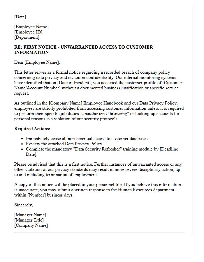 First Notice Letter Regarding Unwarranted Customer Profile Access