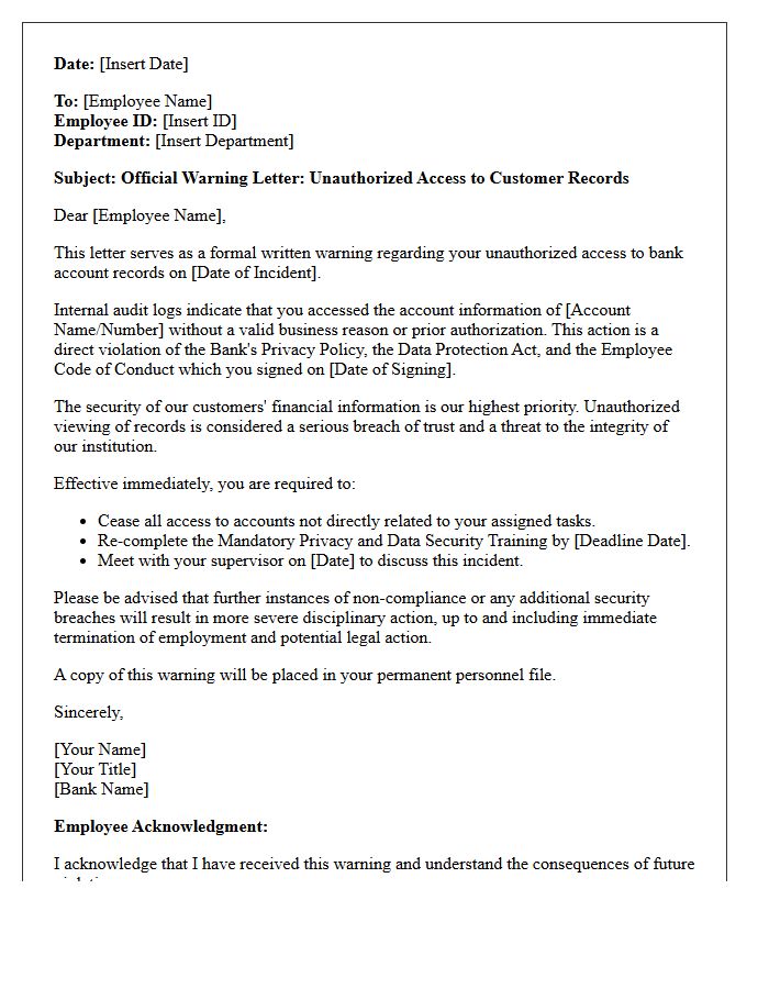 Official Warning Letter for Unauthorized Viewing of Bank Account Records