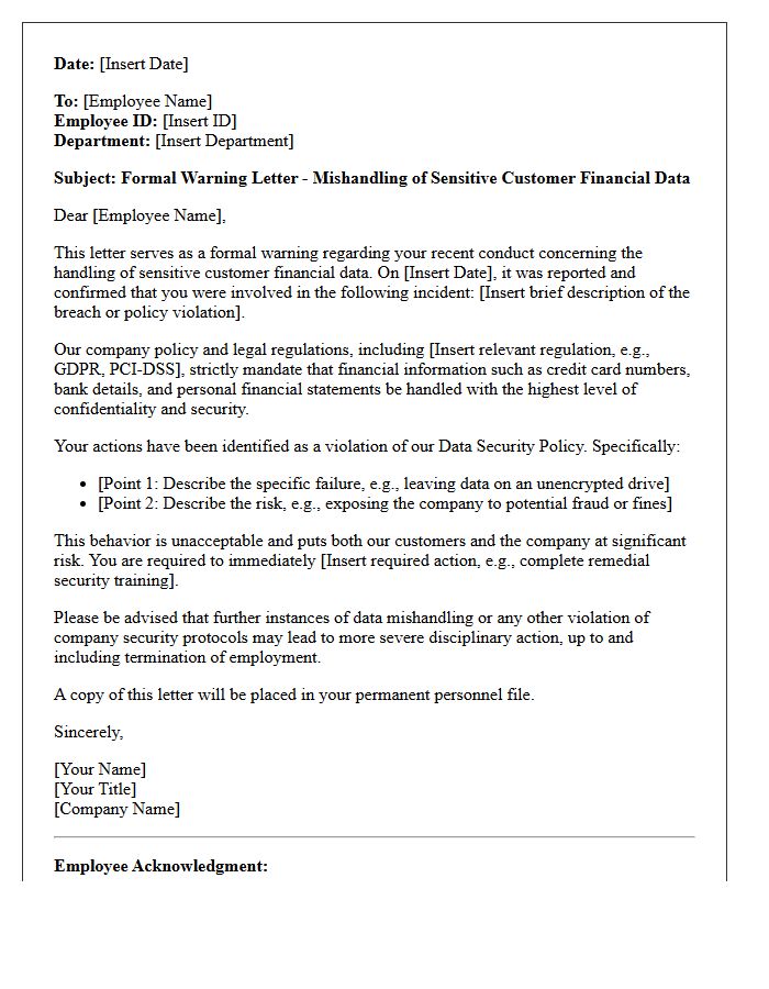 Warning Letter for Mishandling Sensitive Customer Financial Data