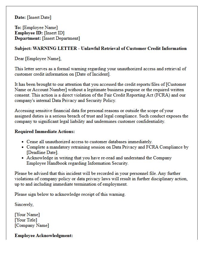 Warning Letter for Unlawful Retrieval of Customer Credit Information