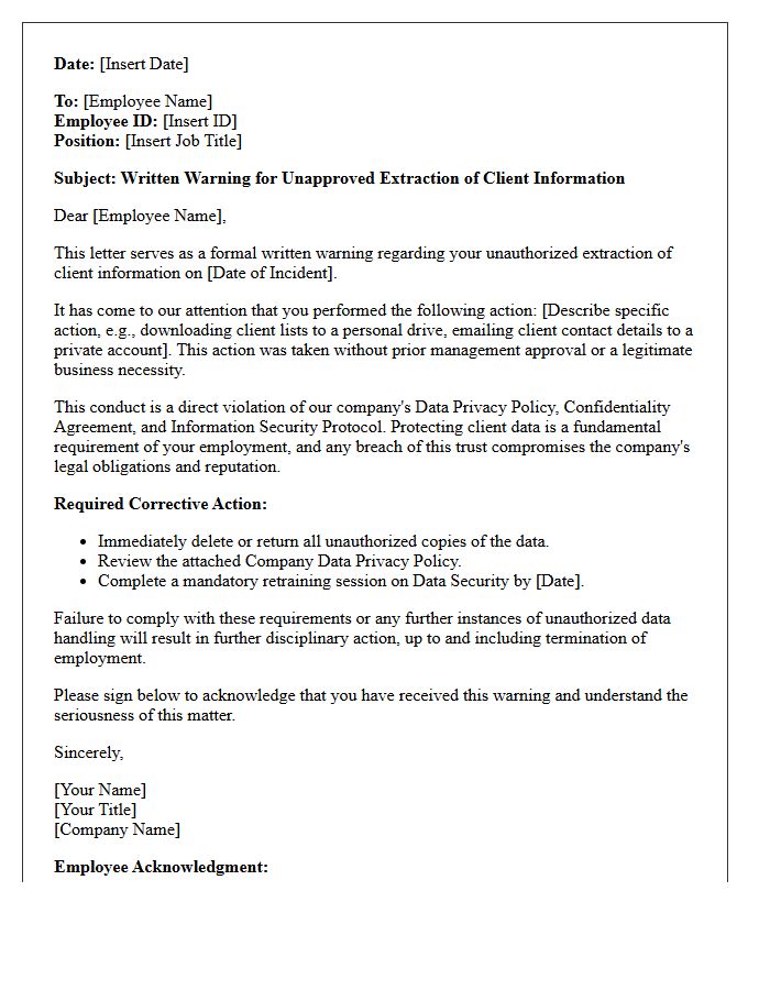 Written Warning Letter for Unapproved Extraction of Client Information