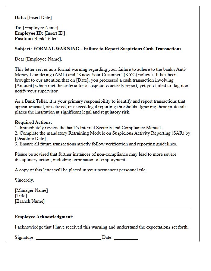 Bank Teller Warning Letter for Ignoring Suspicious Cash Transactions