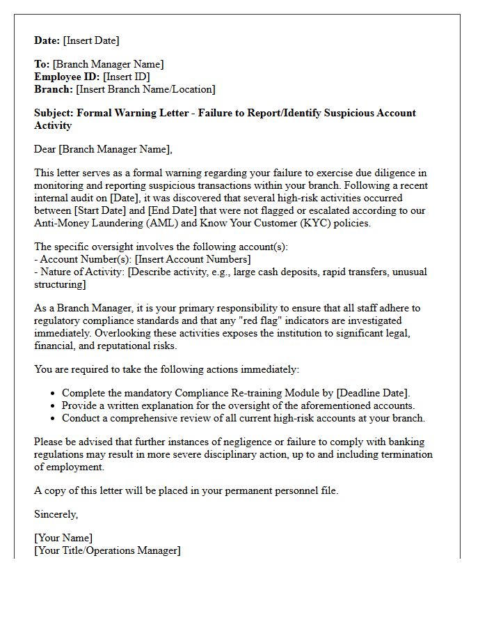 Branch Manager Warning Letter for Overlooking Suspicious Account Activity