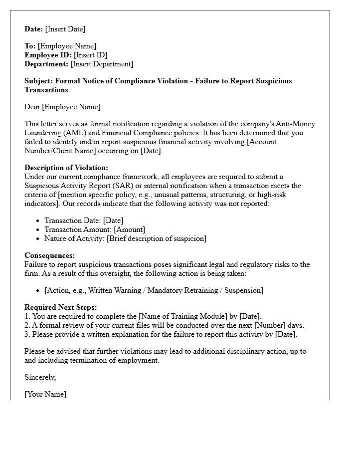 Compliance Violation Letter for Unreported Suspicious Financial Transactions