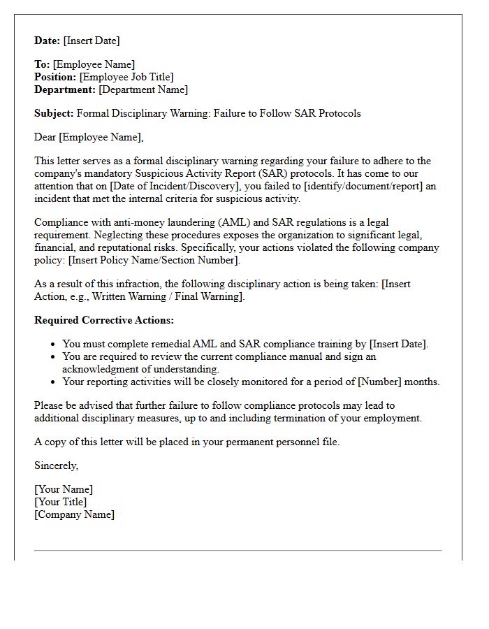 Disciplinary Letter for Neglecting Suspicious Activity Report Protocols